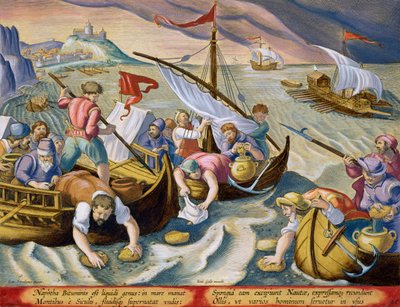Using Sponges to Collect Naphtha from the Surface of the Waves, plate 86 from 